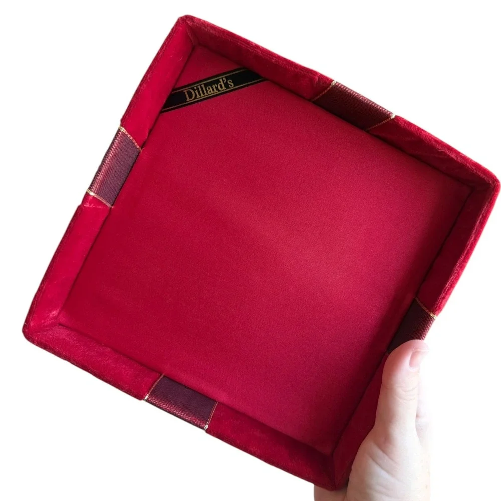 Red Velvet Christmas Gift Box Burgundy Ribbon Gold Trim Holiday Decor Storage
